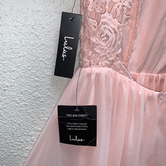 Lulus Greatest Lace Maxi Dress light pink lace bodice open back chiffon Skirt XS - Picture 11 of 17